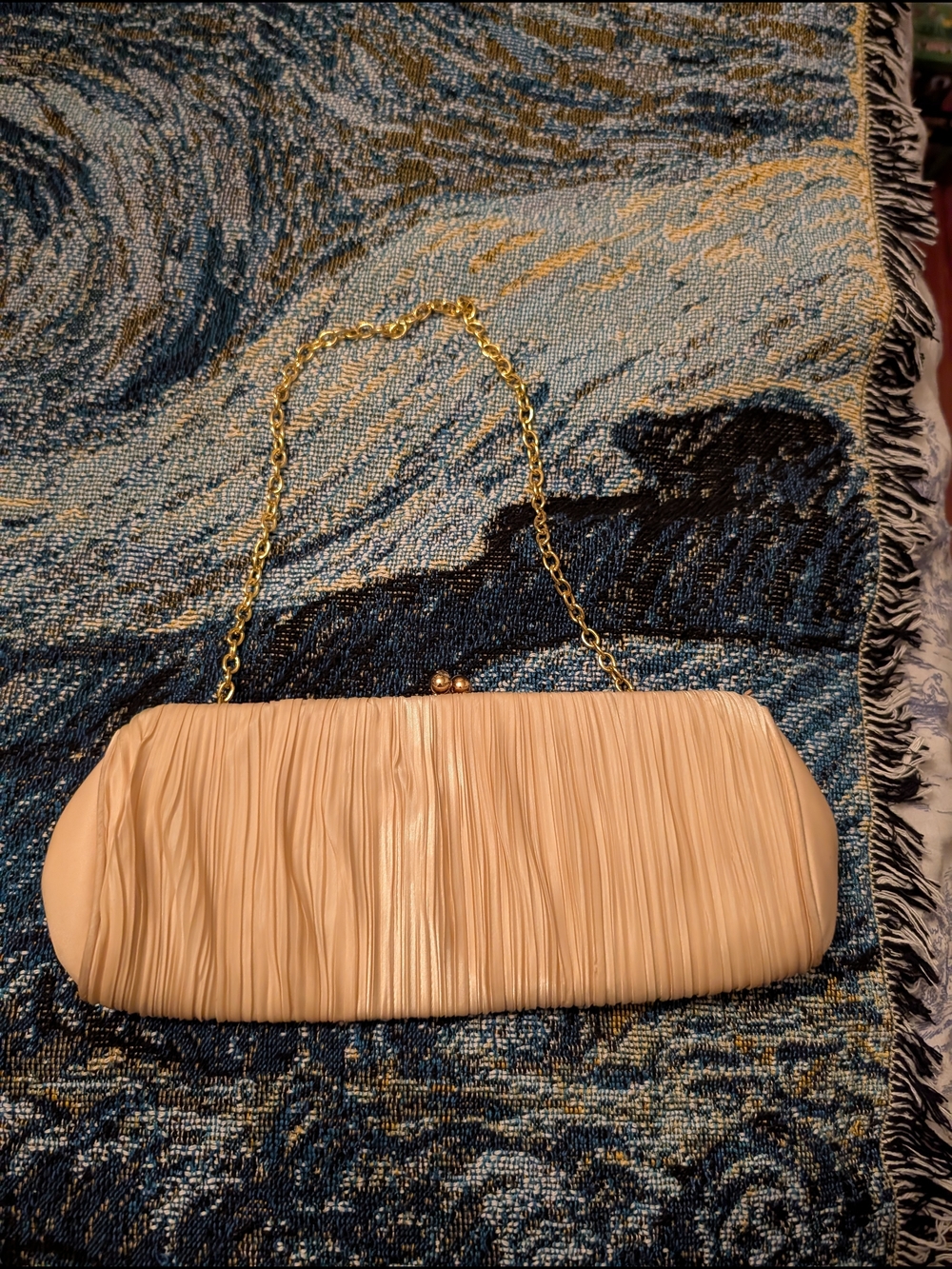Elegant Nude Pleated Evening Clutch with Gold Chain